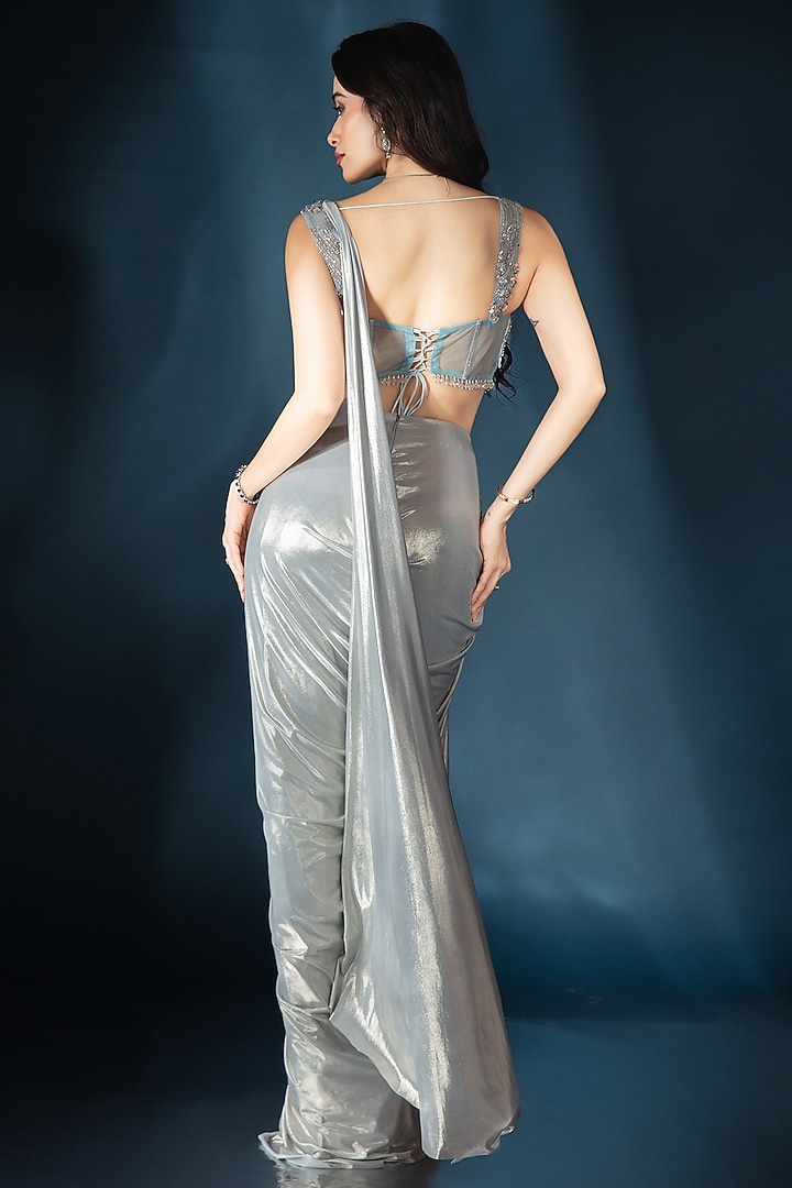 Powder Blue Knit Pre-Draped Wedding Saree Set by Saaj By Ankita at Pernia's Pop Up Shop