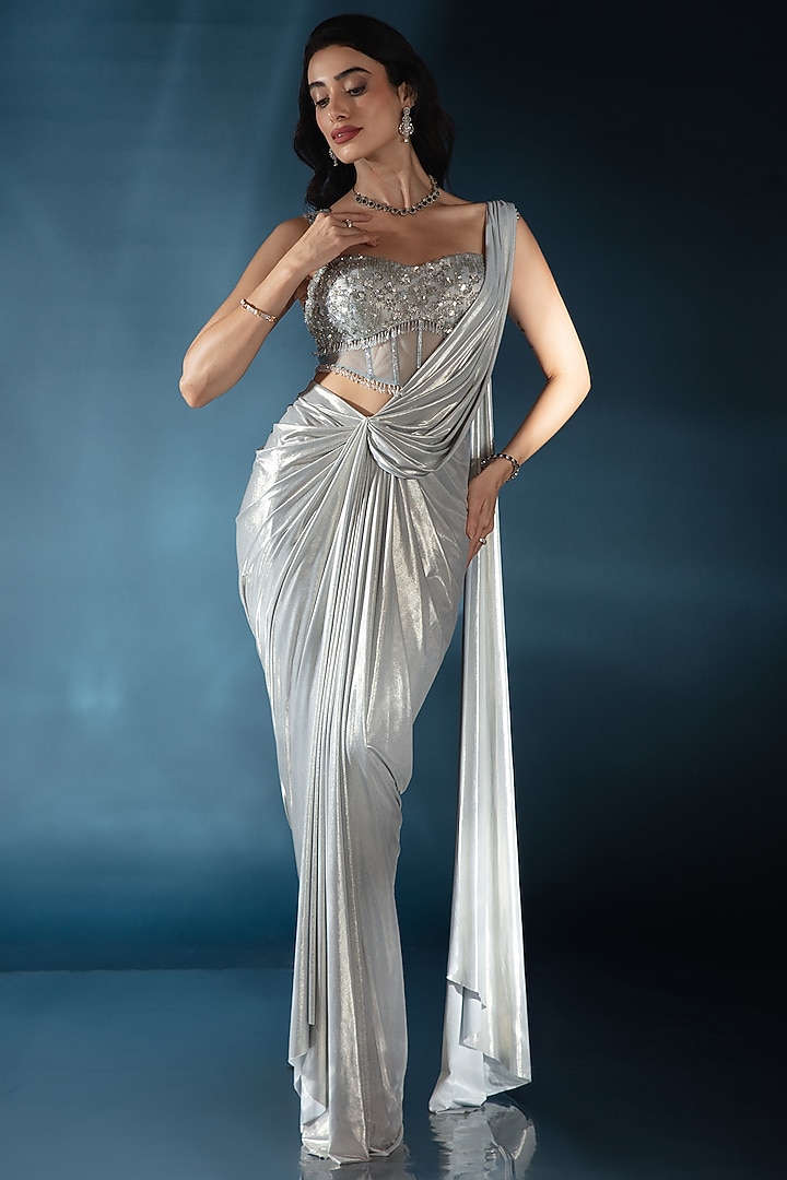 Powder Blue Knit Pre-Draped Wedding Saree Set by Saaj By Ankita at Pernia's Pop Up Shop