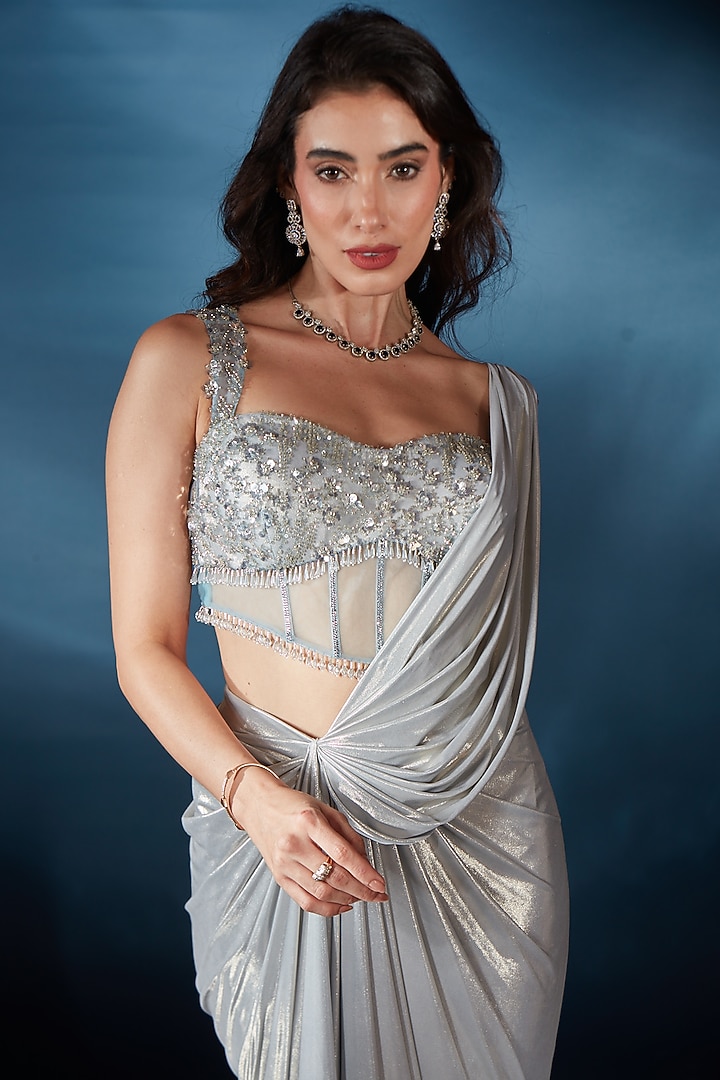 Powder Blue Knit Pre-Draped Wedding Saree Set by Saaj By Ankita at Pernia's Pop Up Shop