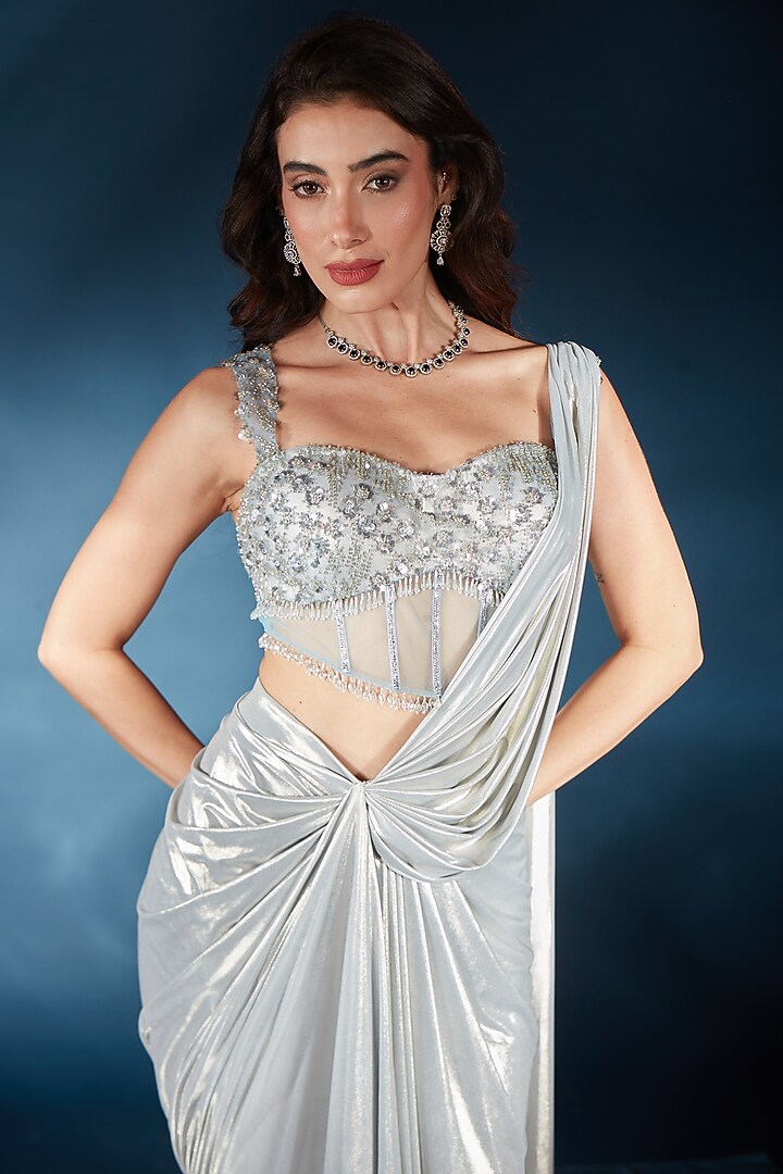 Powder Blue Knit Pre-Draped Wedding Saree Set by Saaj By Ankita at Pernia's Pop Up Shop