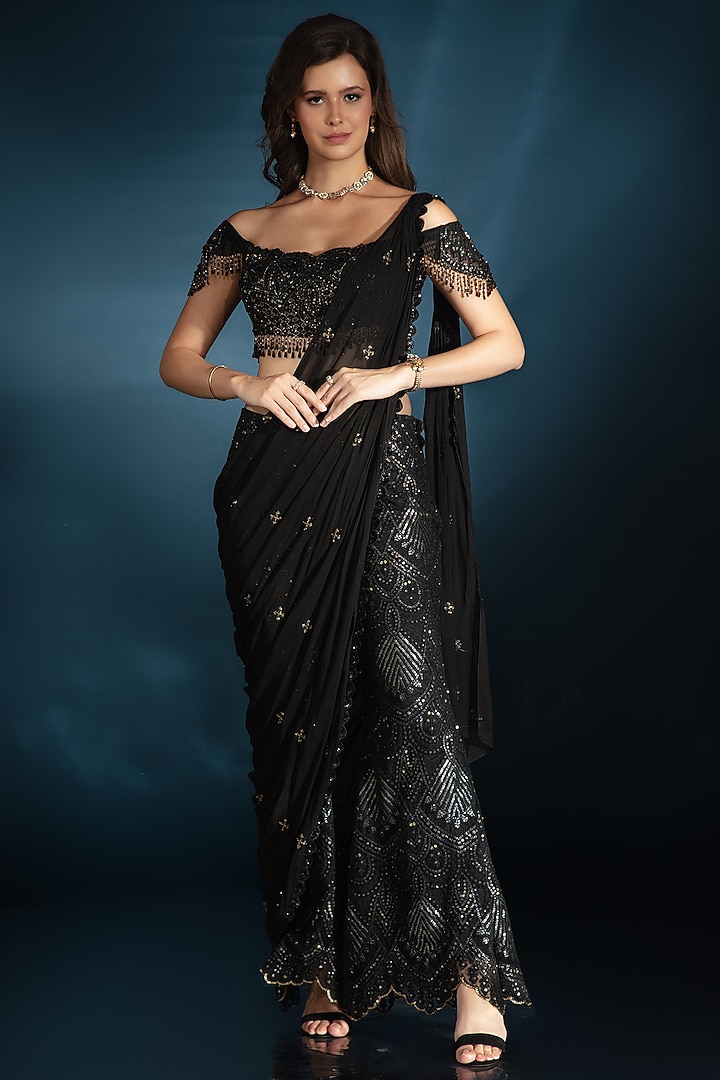 Black Tulle Cutdana Embroidered Pant Wedding Saree Set by Saaj By Ankita at Pernia's Pop Up Shop
