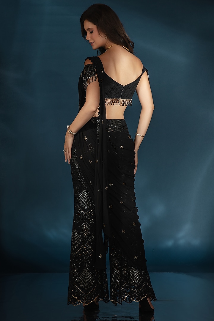 Black Tulle Cutdana Embroidered Pant Wedding Saree Set by Saaj By Ankita at Pernia's Pop Up Shop