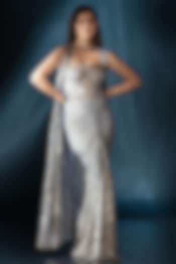 Powder Blue Metallic Knit Draped Jacket Wedding Saree Set by Saaj By Ankita at Pernia's Pop Up Shop