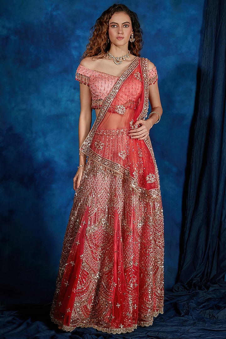 Coral Red Tulle Sequin Embroidered Wedding Lehenga Set by Saaj By Ankita at Pernia's Pop Up Shop