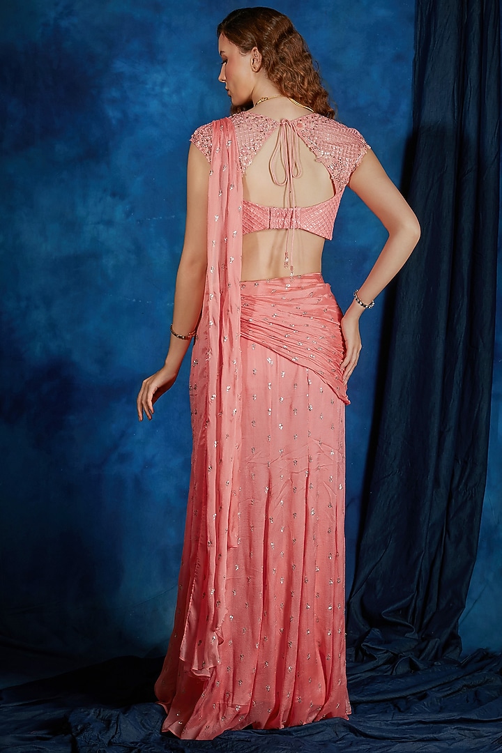 Sunset Coral Chinon Sequin Embroidered Pre-Draped Wedding Saree Set by Saaj By Ankita at Pernia's Pop Up Shop