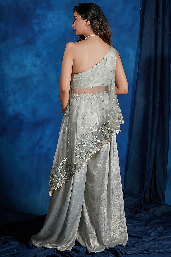 Sage Silver Tulle & Sandwash Satin Sequin Embroidered Co-ord Set by Saaj By Ankita at Pernia's Pop Up Shop