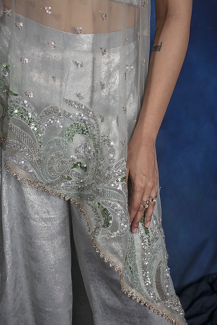 Sage Silver Tulle & Sandwash Satin Sequin Embroidered Co-ord Set by Saaj By Ankita at Pernia's Pop Up Shop