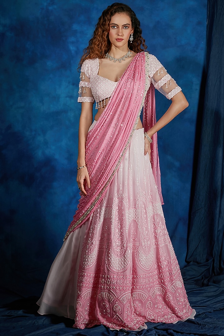 Blush Pink Georgette Embroidered Reception Lehenga Saree Set by Saaj By Ankita at Pernia's Pop Up Shop
