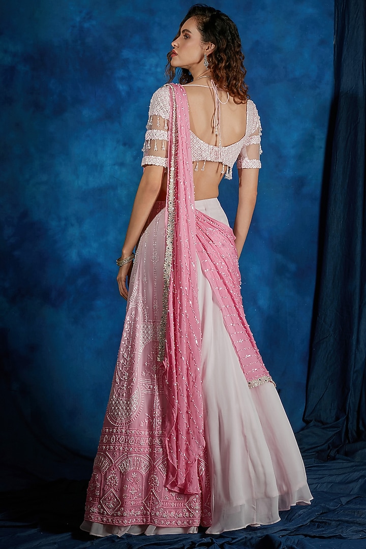 Blush Pink Georgette Embroidered Reception Lehenga Saree Set by Saaj By Ankita at Pernia's Pop Up Shop