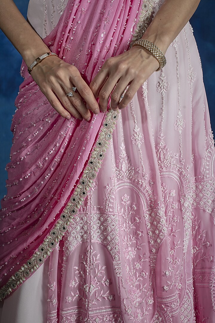 Blush Pink Georgette Embroidered Reception Lehenga Saree Set by Saaj By Ankita at Pernia's Pop Up Shop