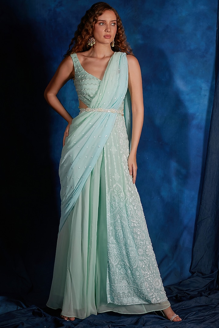 Mint Green & Sky Blue Ombre Georgette Sequin Embroidered Jumpsuit Wedding Saree by Saaj By Ankita at Pernia's Pop Up Shop