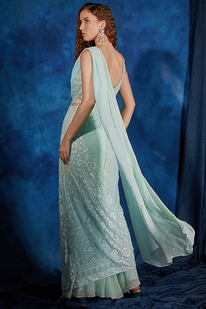 Mint Green & Sky Blue Ombre Georgette Sequin Embroidered Jumpsuit Wedding Saree by Saaj By Ankita at Pernia's Pop Up Shop