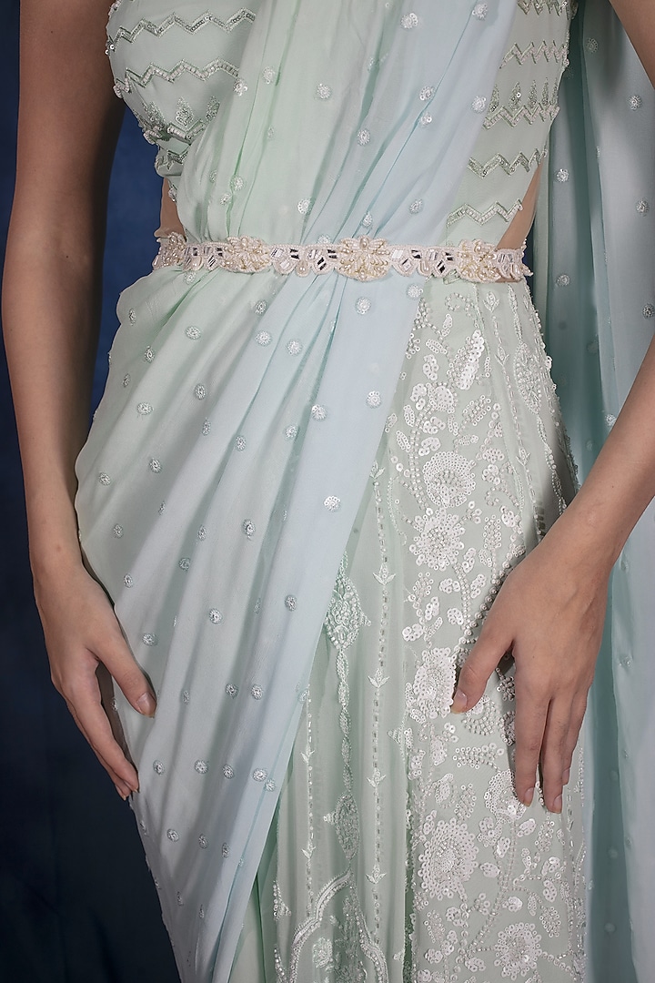 Mint Green & Sky Blue Ombre Georgette Sequin Embroidered Jumpsuit Wedding Saree by Saaj By Ankita at Pernia's Pop Up Shop