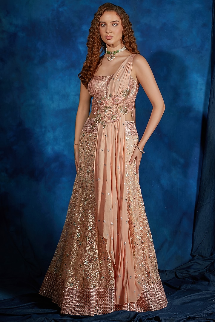 Blush Pink & Peach Georgette Chikankari Embroidered Mermaid Wedding Gown Saree by Saaj By Ankita at Pernia's Pop Up Shop