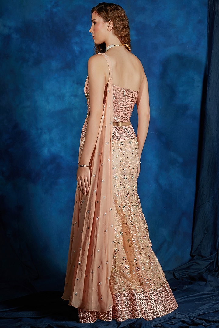 Blush Pink & Peach Georgette Chikankari Embroidered Mermaid Wedding Gown Saree by Saaj By Ankita at Pernia's Pop Up Shop