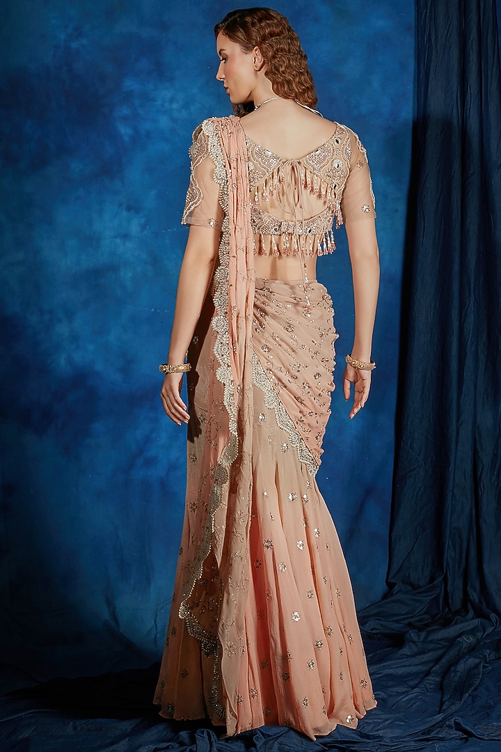Bronze Gold And Peach Ombre Georgette Crystal Embroidered Mermaid Wedding Lehenga Saree Set by Saaj By Ankita at Pernia's Pop Up Shop
