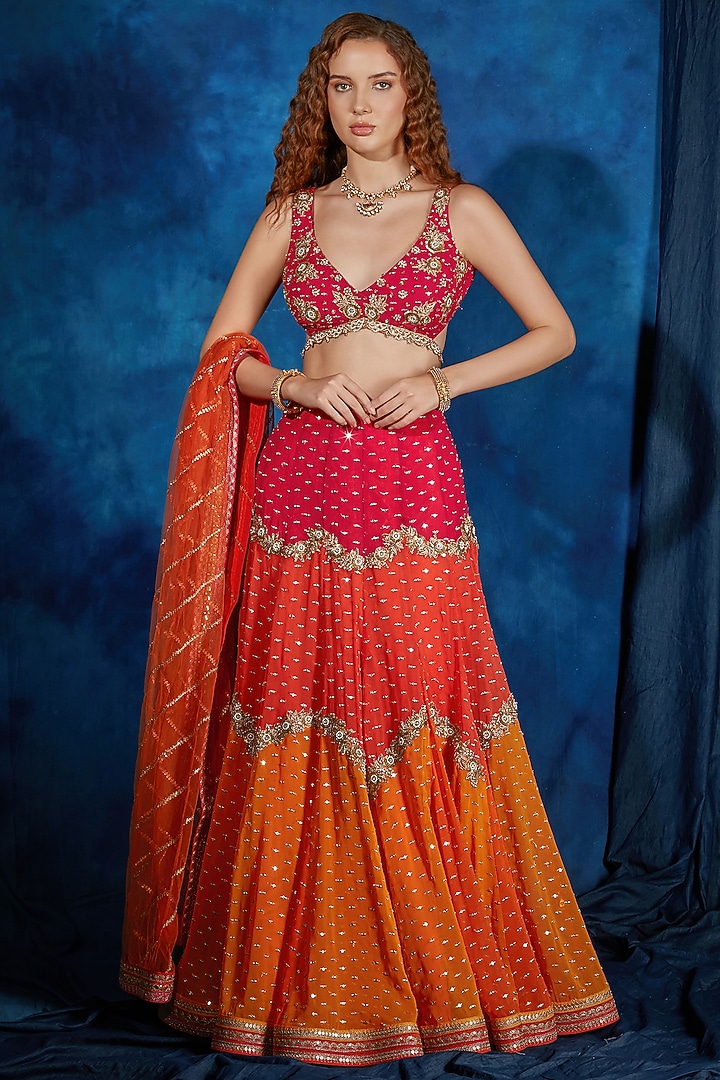 Rani Pink & Marigold Yellow Ombre Georgette Zardosi Embroidered Wedding Lehenga Set by Saaj By Ankita at Pernia's Pop Up Shop