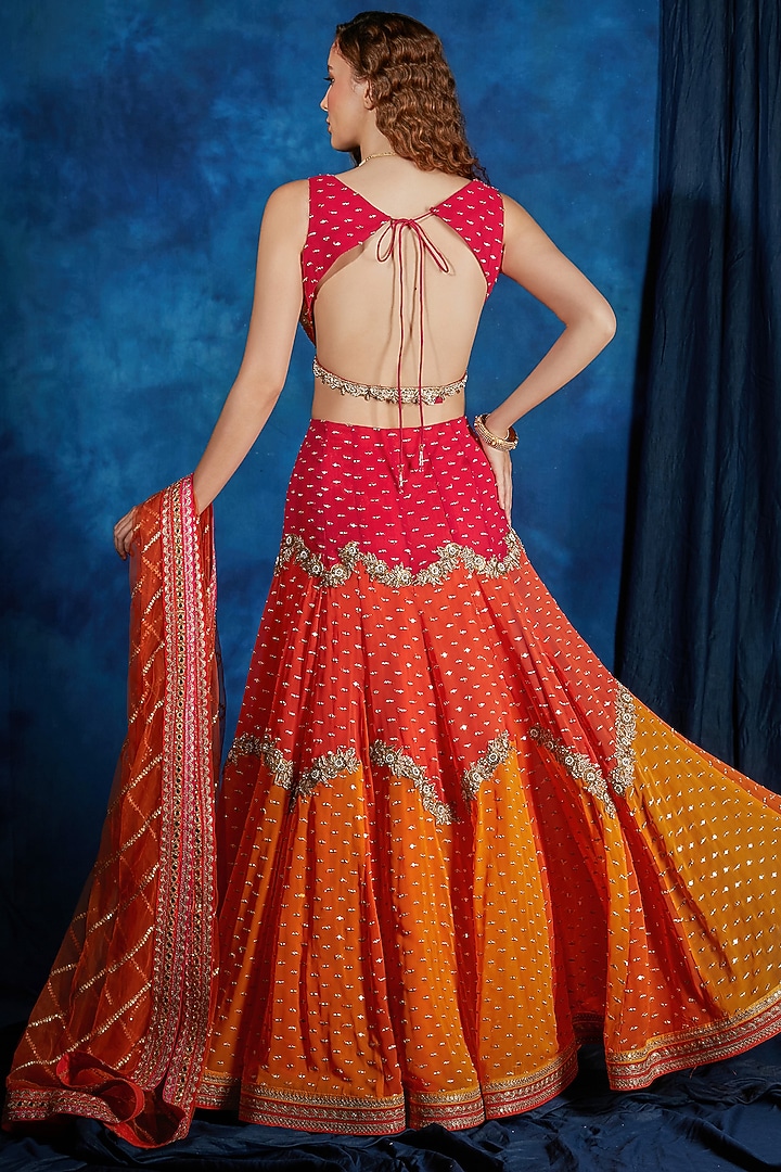 Rani Pink & Marigold Yellow Ombre Georgette Zardosi Embroidered Wedding Lehenga Set by Saaj By Ankita at Pernia's Pop Up Shop