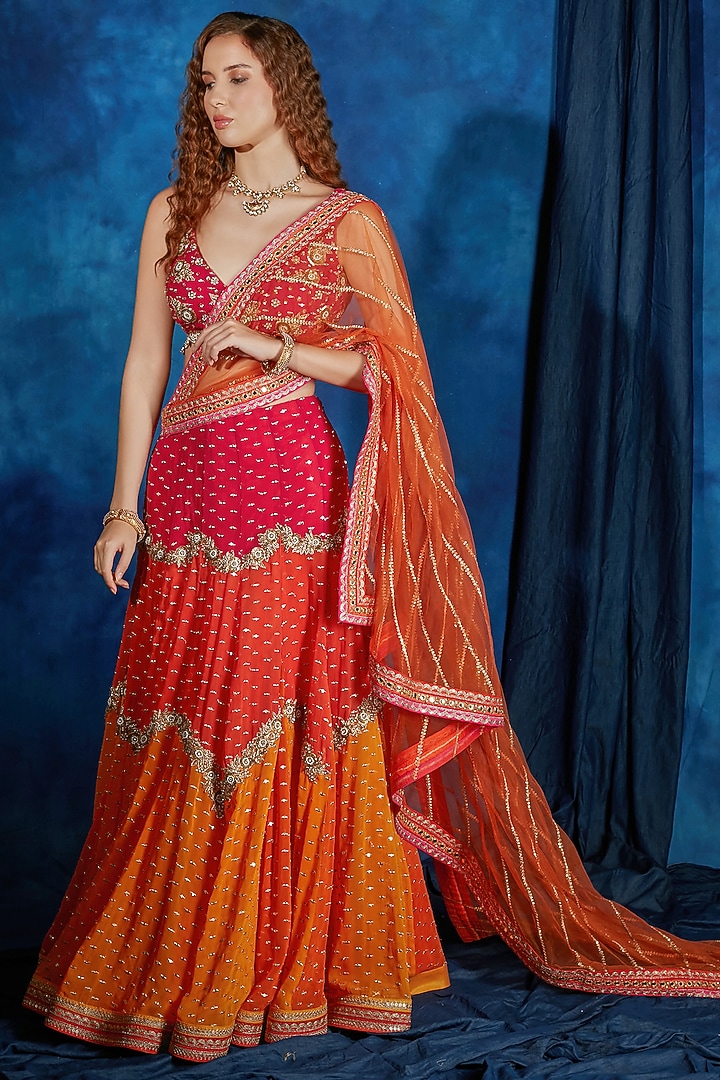 Rani Pink & Marigold Yellow Ombre Georgette Zardosi Embroidered Wedding Lehenga Set by Saaj By Ankita at Pernia's Pop Up Shop