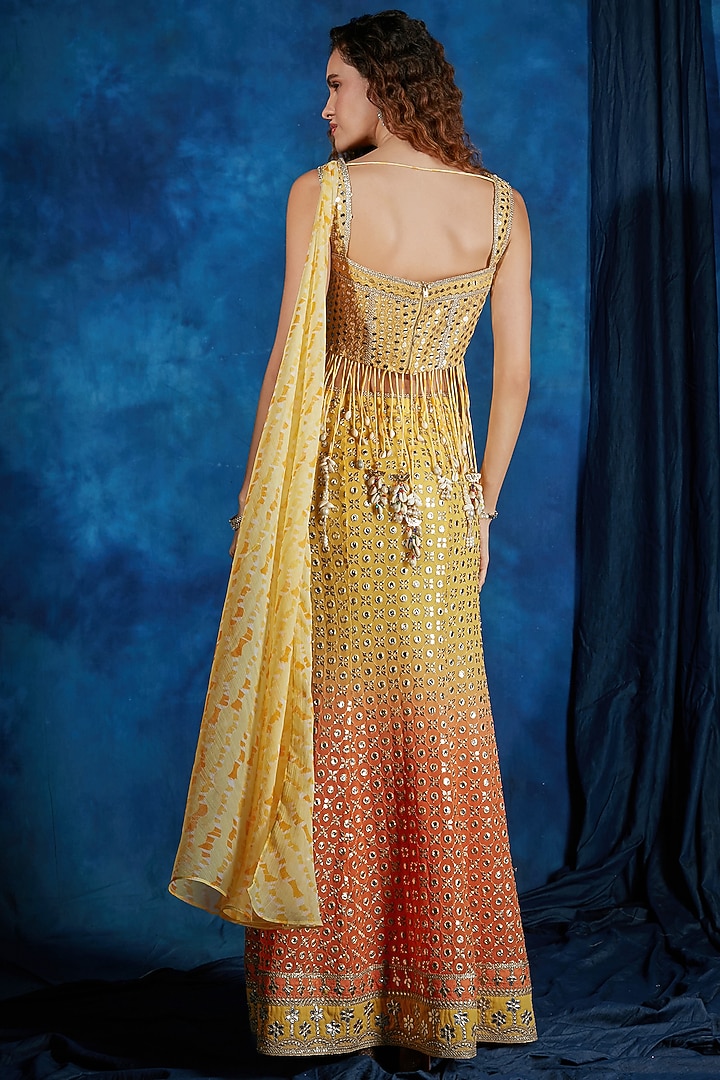 Sunshine Yellow & Amber Orange Ombre Georgette Mirrorwork Skirt Set by Saaj By Ankita at Pernia's Pop Up Shop