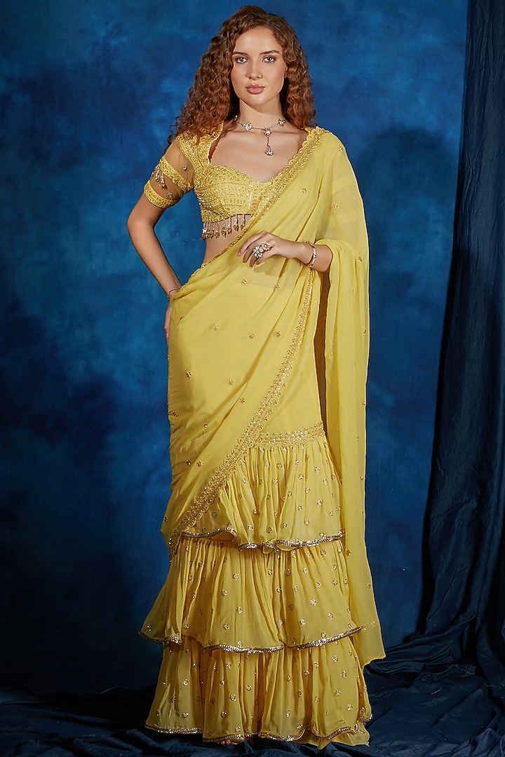Sunshine Yellow Georgette Sequin Embroidered Ruffled Pre-Draped Wedding Saree Set by Saaj By Ankita at Pernia's Pop Up Shop