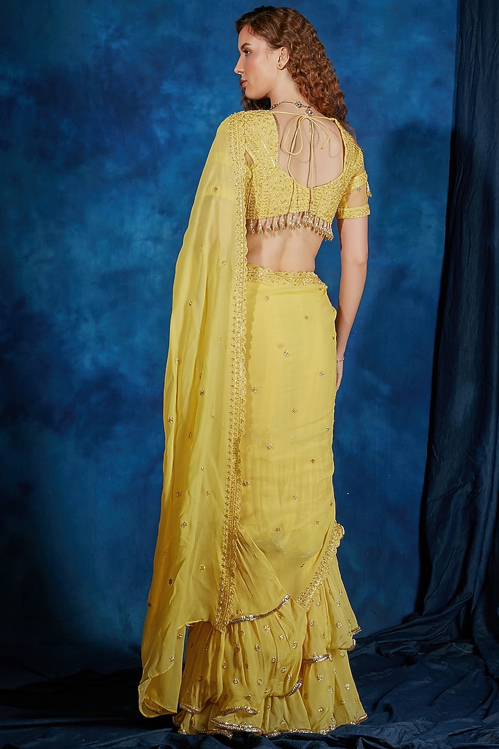 Sunshine Yellow Georgette Sequin Embroidered Ruffled Pre-Draped Wedding Saree Set by Saaj By Ankita at Pernia's Pop Up Shop