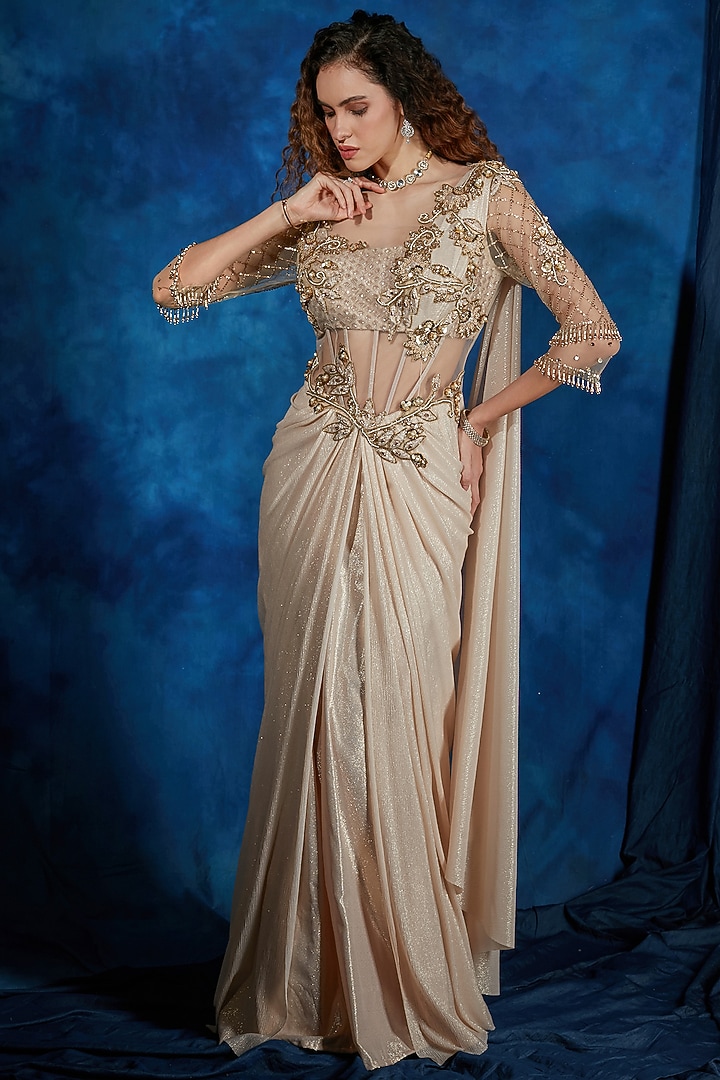 Ivory & Gold Knit Jersey Cutdana & Sequin Embroidered Wedding Saree Gown by Saaj By Ankita at Pernia's Pop Up Shop