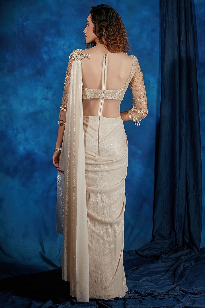 Ivory & Gold Knit Jersey Cutdana & Sequin Embroidered Wedding Saree Gown by Saaj By Ankita at Pernia's Pop Up Shop