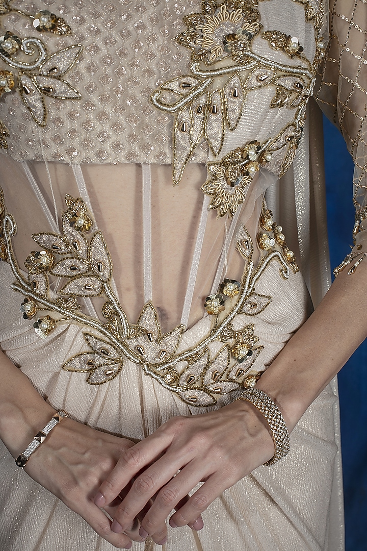 Ivory & Gold Knit Jersey Cutdana & Sequin Embroidered Wedding Saree Gown by Saaj By Ankita at Pernia's Pop Up Shop