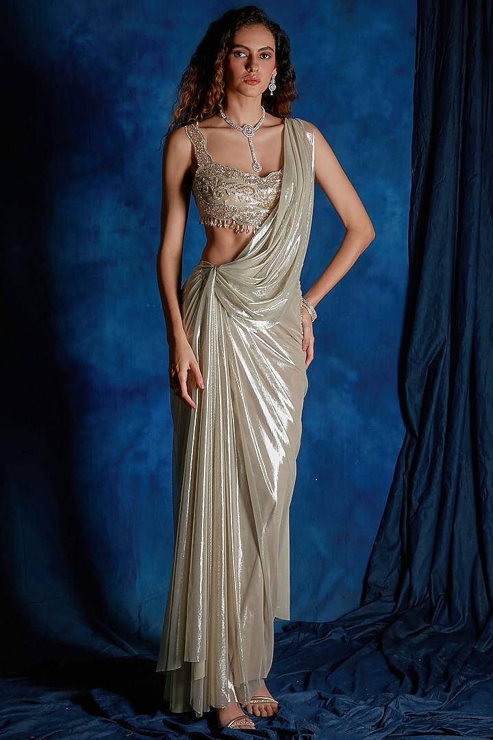 Silver Luster Knit Jersey Pre-Draped Wedding Saree Set by Saaj By Ankita at Pernia's Pop Up Shop