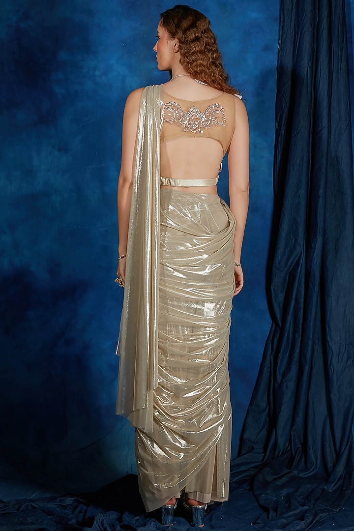 Silver Luster Knit Jersey Pre-Draped Wedding Saree Set by Saaj By Ankita at Pernia's Pop Up Shop