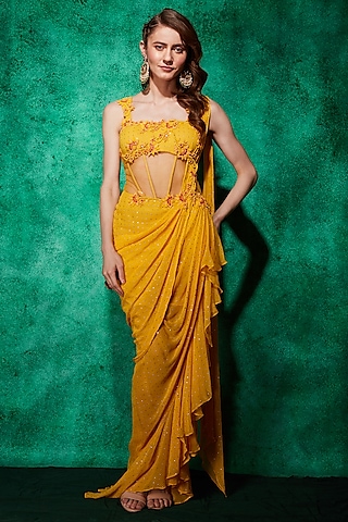 Mustard Mukaish Georgette Floral Motifs And Mirror Embroidered Corset Gown Saree by Saaj By Ankita