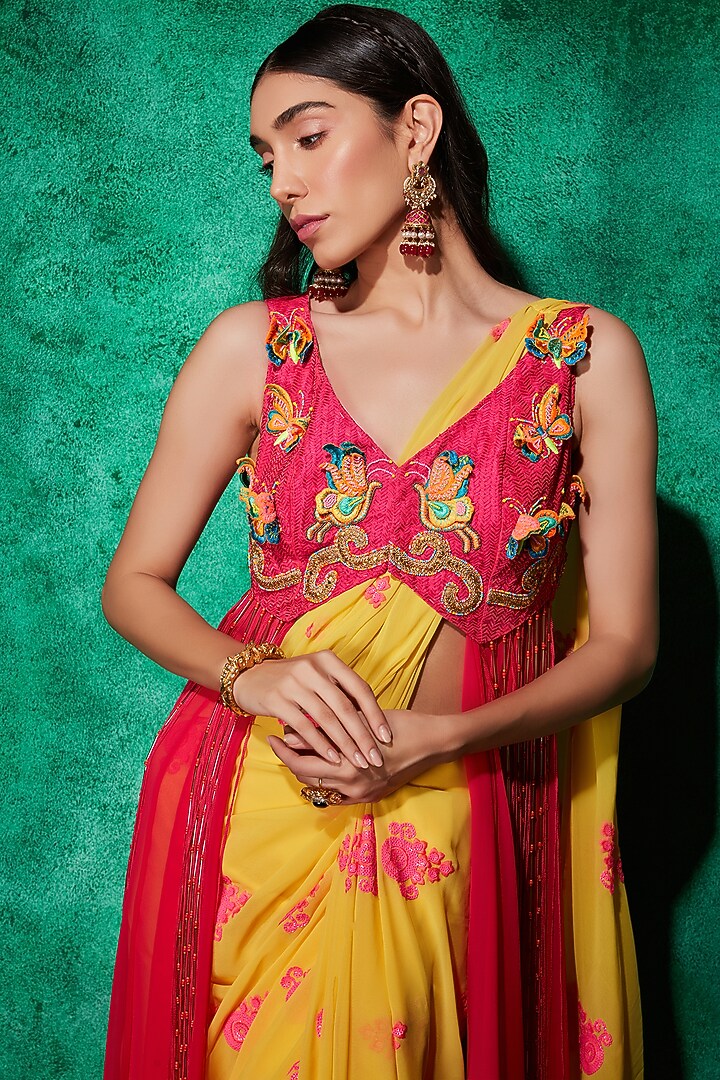 Lime Georgette Embroidered Draped Wedding Saree With Jacket by Saaj By Ankita at Pernia's Pop Up Shop