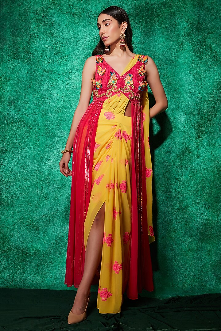 Lime Georgette Embroidered Draped Wedding Saree With Jacket by Saaj By Ankita at Pernia's Pop Up Shop