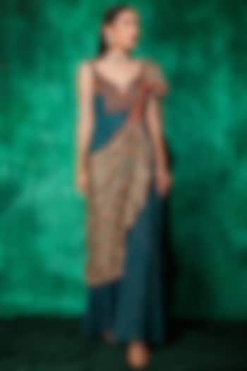 Bottle Green Mukaish Georgette Printed Draped Jumpsuit by Saaj By Ankita