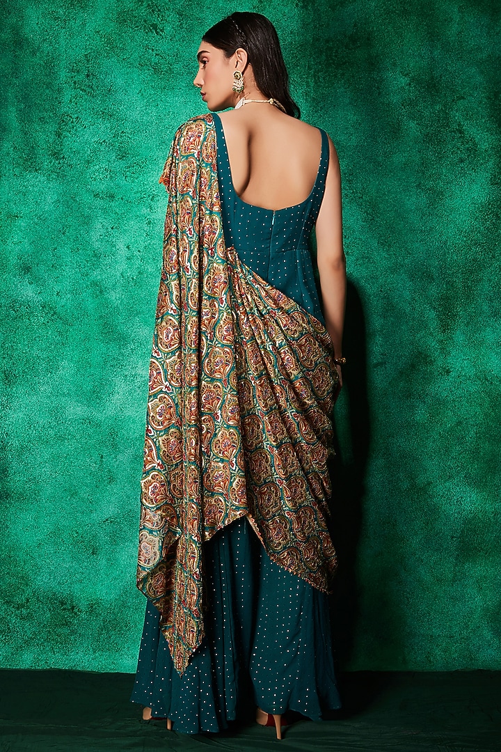 Bottle Green Mukaish Georgette Printed Draped Jumpsuit by Saaj By Ankita at Pernia's Pop Up Shop