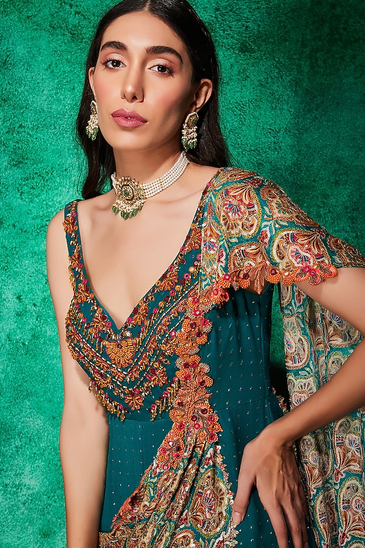 Bottle Green Mukaish Georgette Printed Draped Jumpsuit by Saaj By Ankita at Pernia's Pop Up Shop