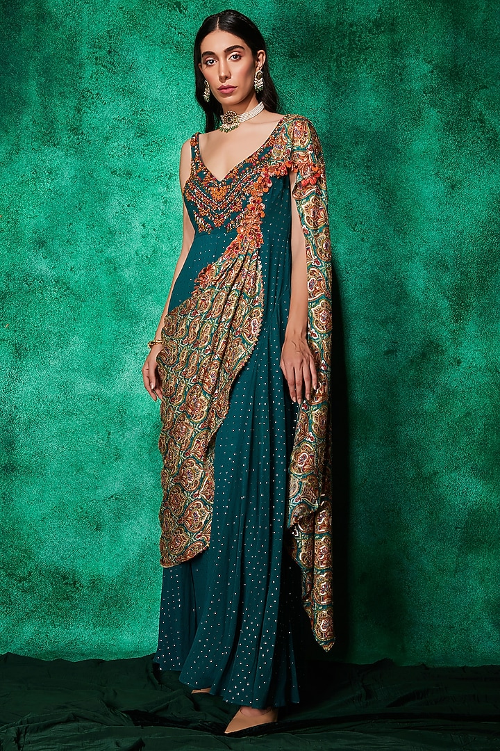 Bottle Green Mukaish Georgette Printed Draped Jumpsuit by Saaj By Ankita at Pernia's Pop Up Shop