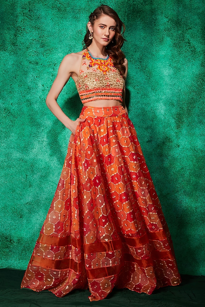 Orange & Red Printed Skirt Set by Saaj By Ankita