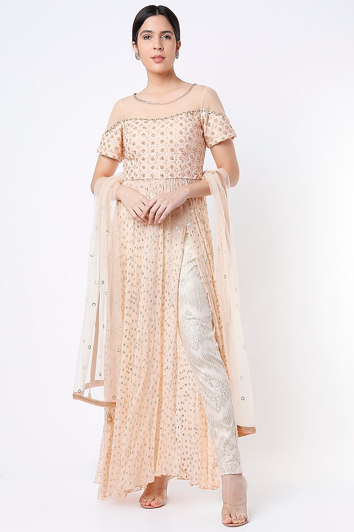 Peach Hand Embroidered Party Wear Anarkali Set by Saaj By Ankita at Pernia's Pop Up Shop