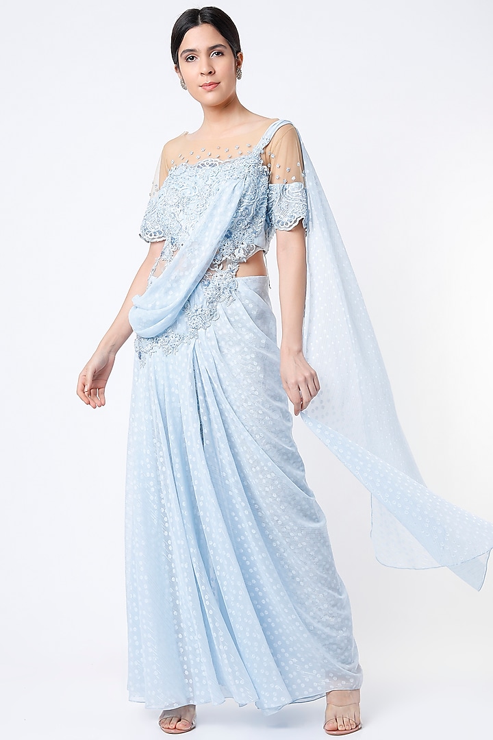 Ice Blue Embroidered Gown Saree by Saaj By Ankita
