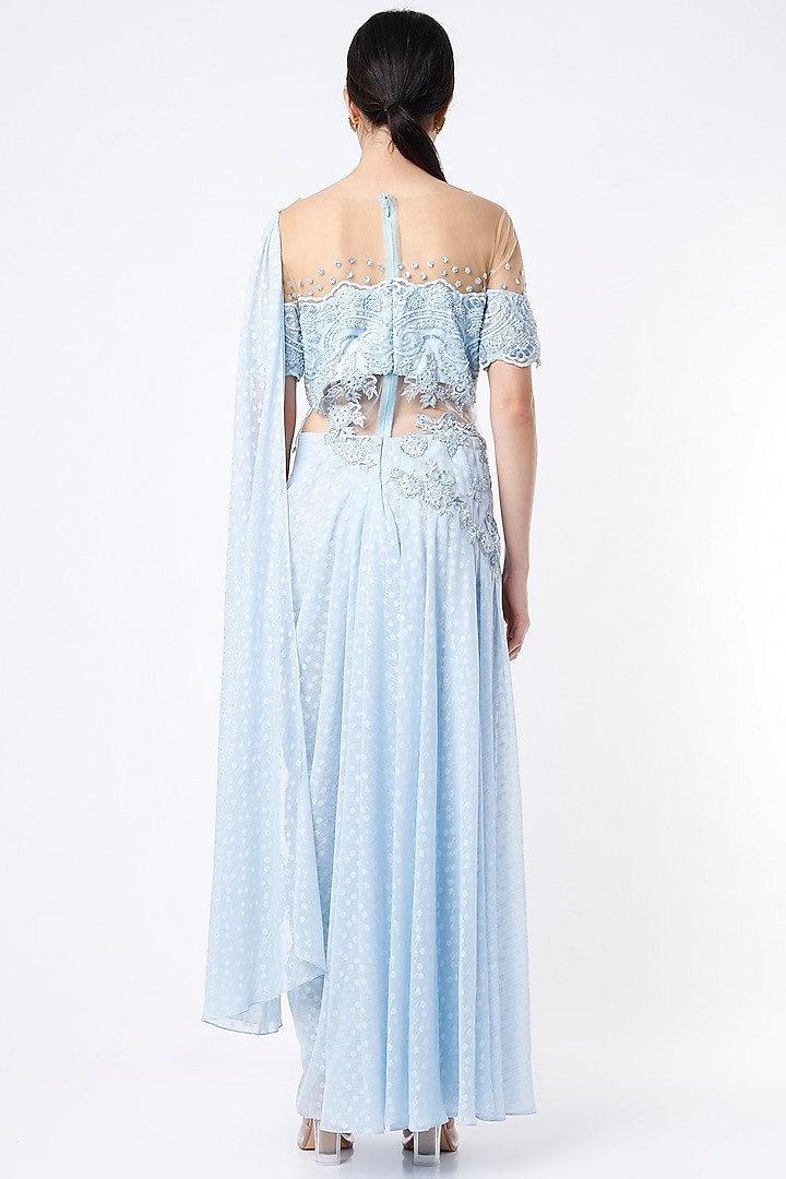Ice Blue Embroidered Wedding Gown Saree by Saaj By Ankita at Pernia's Pop Up Shop