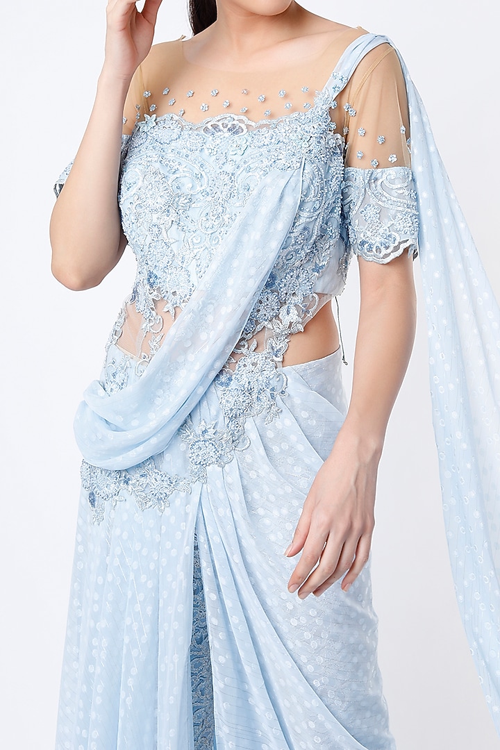 Ice Blue Embroidered Wedding Gown Saree by Saaj By Ankita at Pernia's Pop Up Shop