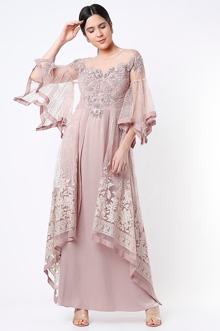 Mauve Hand Embroidered Maxi Dress by Saaj By Ankita at Pernia's Pop Up Shop