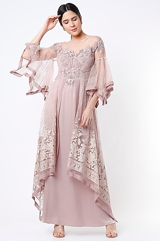 Mauve Hand Embroidered Maxi Dress by Saaj By Ankita