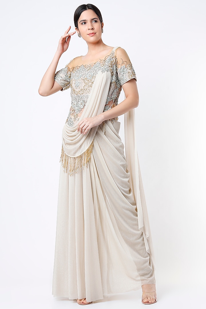 Dull Gold Embroidered Gown Saree by Saaj By Ankita at Pernia's Pop Up Shop