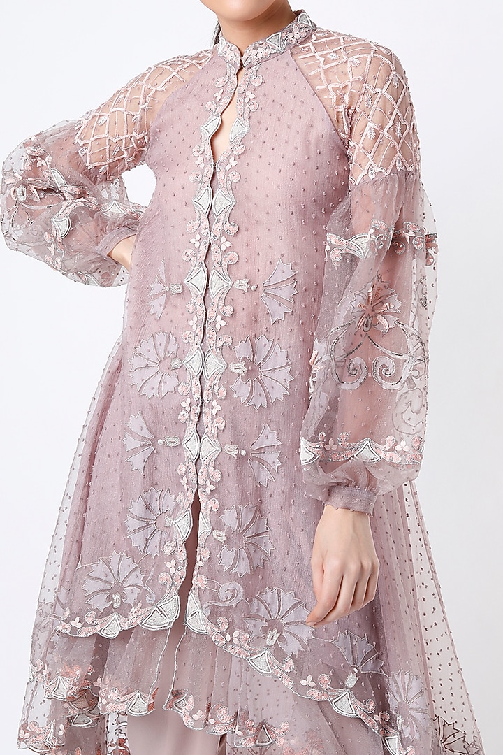 Mauve Hand Embroidered Jacket Set by Saaj By Ankita at Pernia's Pop Up Shop