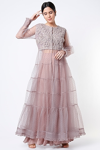Mauve Embroidered Jacket Set by Saaj By Ankita