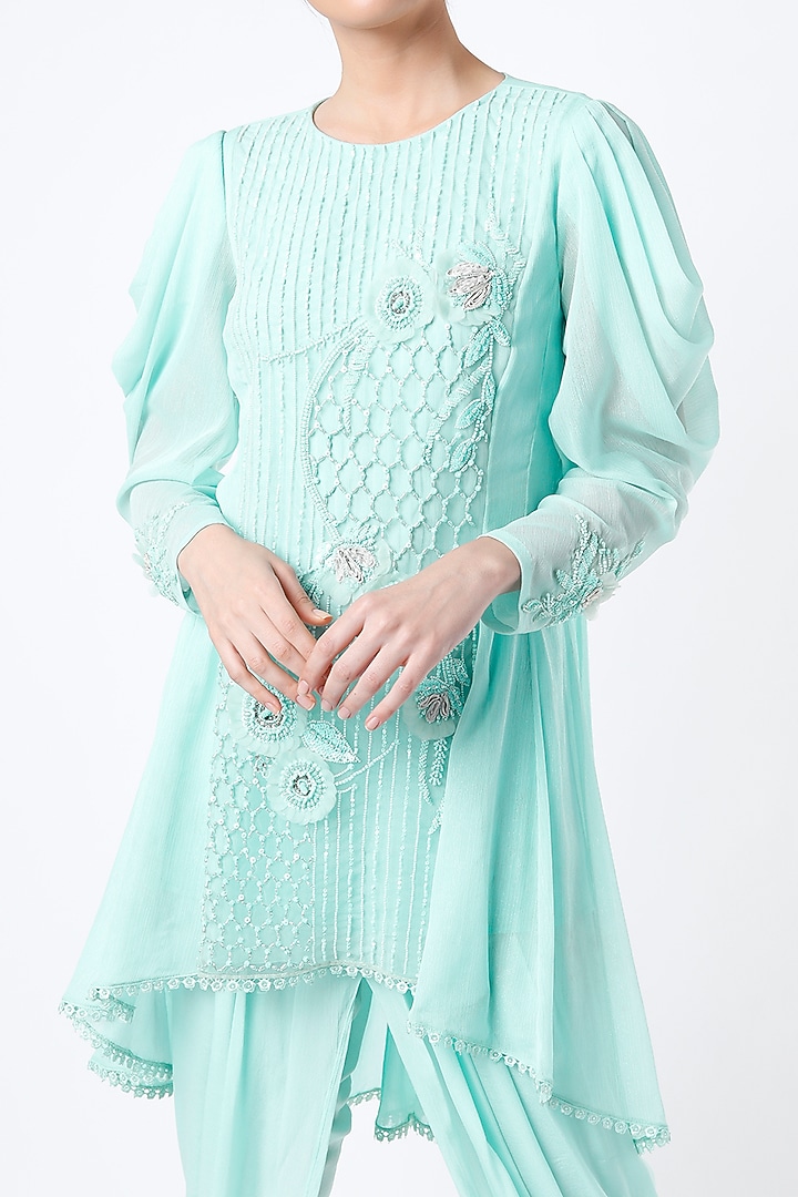 Soft Aqua Crepe Dhoti Set by Saaj By Ankita at Pernia's Pop Up Shop