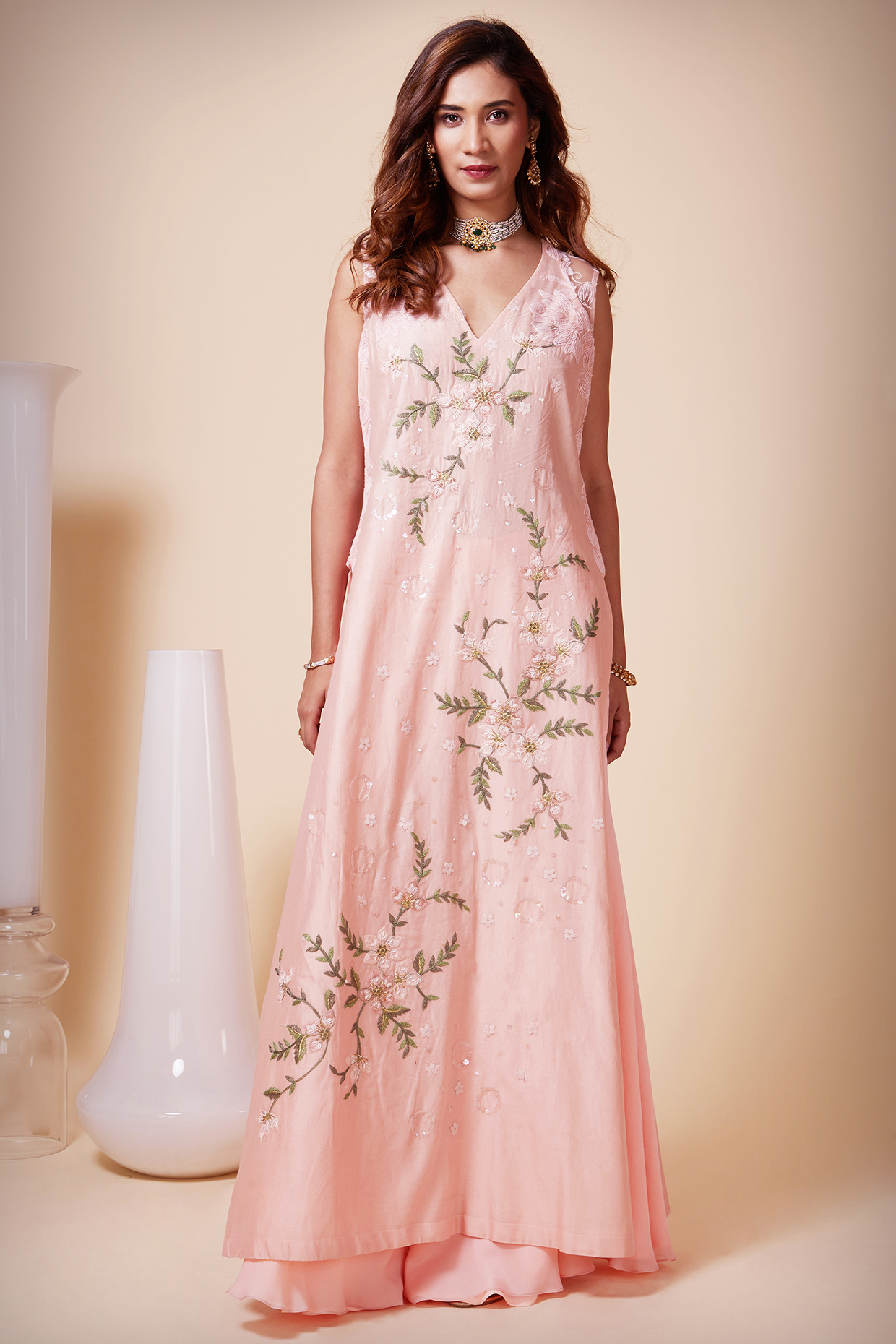 Peach Chanderi Embroidered Kurta Set by Saaj By Ankita at Pernia's Pop Up Shop